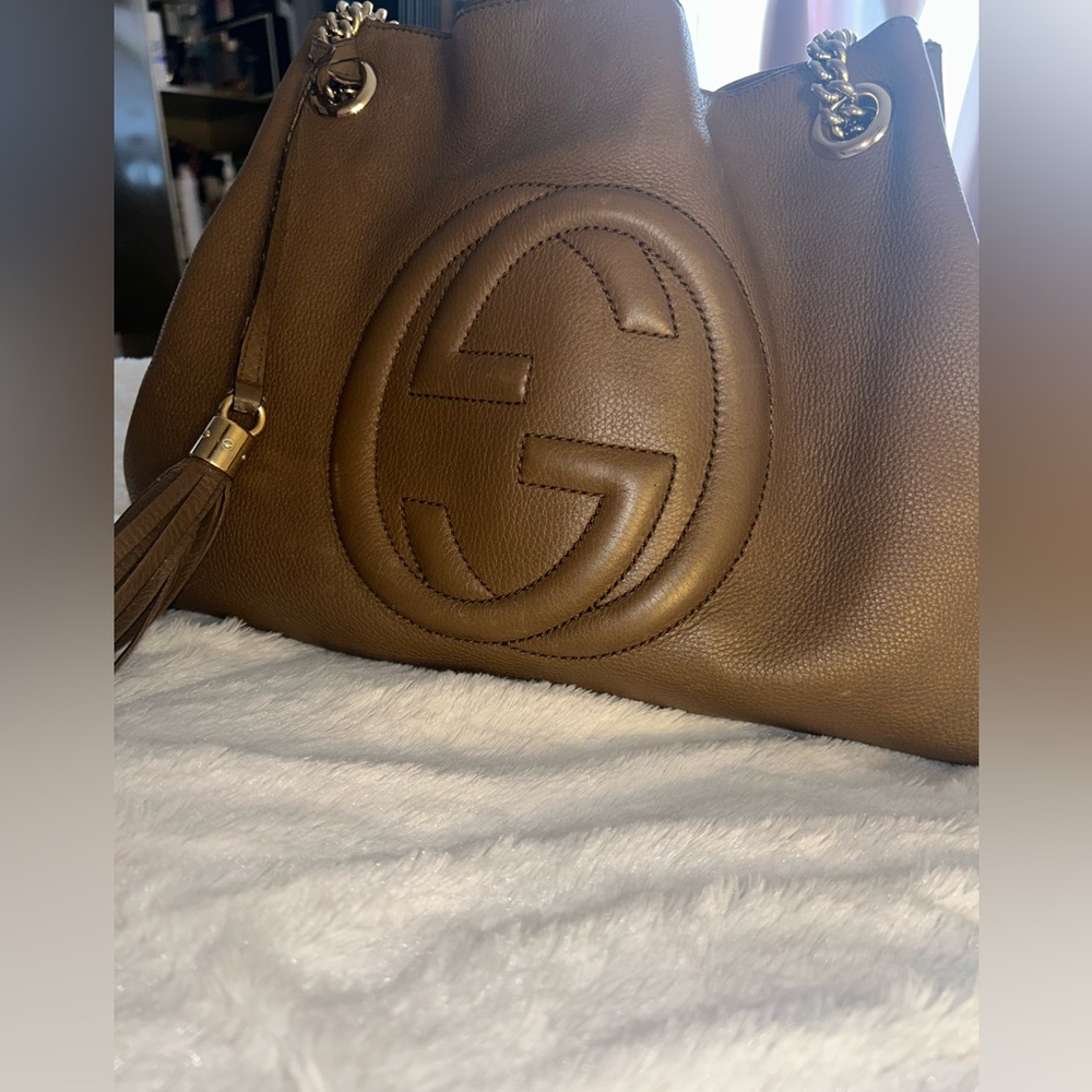 Authentic Gucci soho tote brown tan nude silver hardware handbag bag